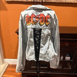 3x Plus Size AC/DC Graphic Lace-Up Back Light Wash Denim Jacket Corset Back
